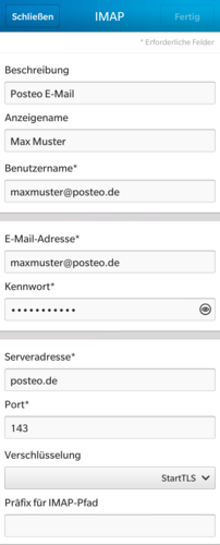 Tragen Sie bei “Benutzername” und “E-Mailadresse” bitte Ihre E-Mailadresse, bei “Kennwort” Ihr Passwort ein. Die Serveradresse lautet "posteo.de”, der IMAP Port: 143, bei Verschlüsselung wählen Sie STARTTLS.