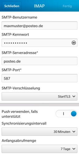 Tragen Sie bei “SMTP-Benutzername” bitte Ihre E-Mailadresse, bei “SMTP-Kennwort” Ihr Passwort ein. Die SMTP-Serveradresse lautet "posteo.de”, der SMTP-Port: 587, bei Verschlüsselung wählen Sie STARTTLS. Tippen Sie zum Schluss auf "Fertig"