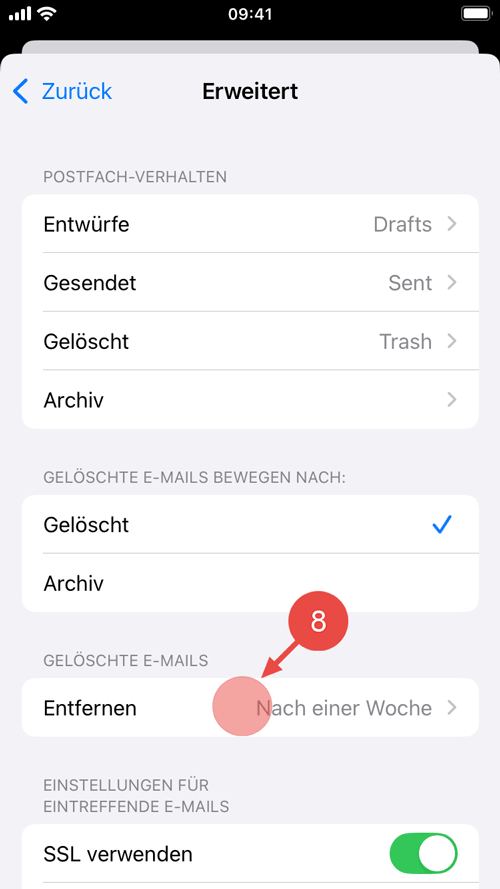 Im Abschnitt "Gelöschte E-Mails" tippen Sie auf "Entfernen".